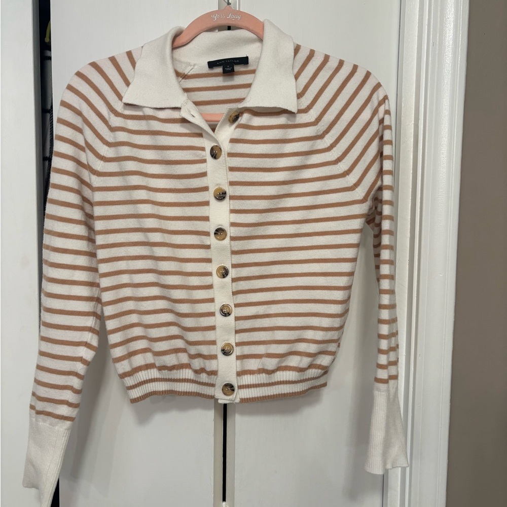 Ann Taylor Cream and Tan Striped Collared Button-Front Sweater
